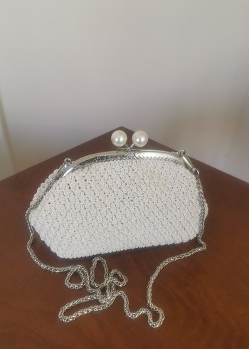 İnci Detaylı Beyaz Vintage Örgü Çanta