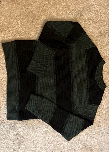 yeşil Siyah Çizgili Örgü Kadın Kazak - Görsel 2