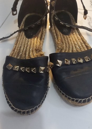 Tokalı Siyah Deri Dolgu Topuklu Espadril