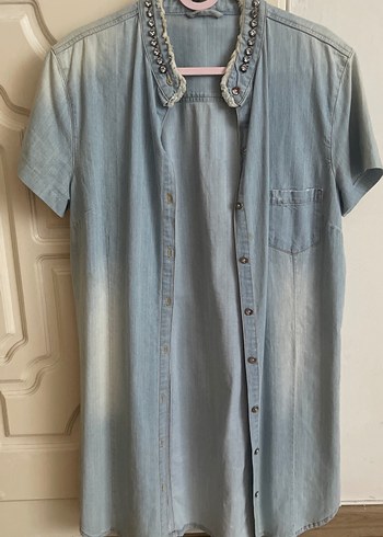 Mavi Kısa Kollu Düğmeli Denim Gömlek elbise