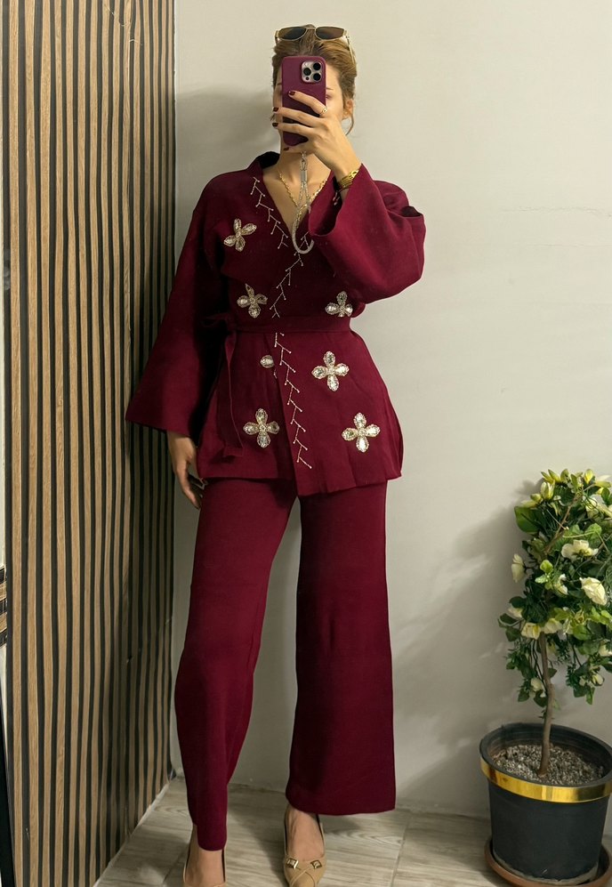 Bordo Boncuk İşlemeli Uzun Kadın Takım - Görsel 2