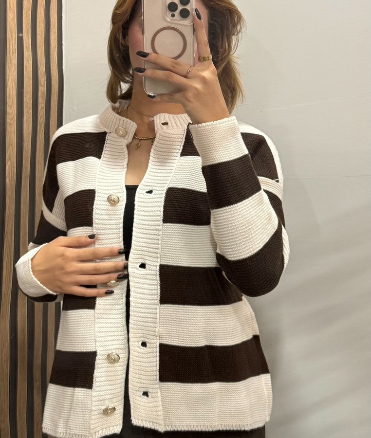 Düğmeli Kahverengi Çizgili Kadın Hırka - Görsel 3