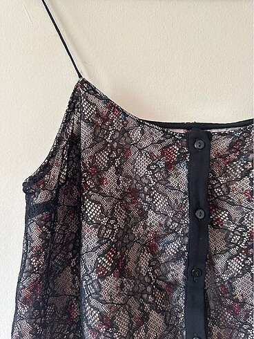 Stradivarius Askılı Dantelli Çiçekli Siyah Crop
