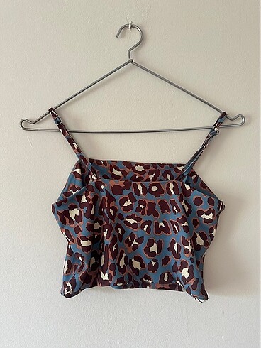 s Beden Jarse Kumaş Leopar Desenli Mavi Askılı Crop