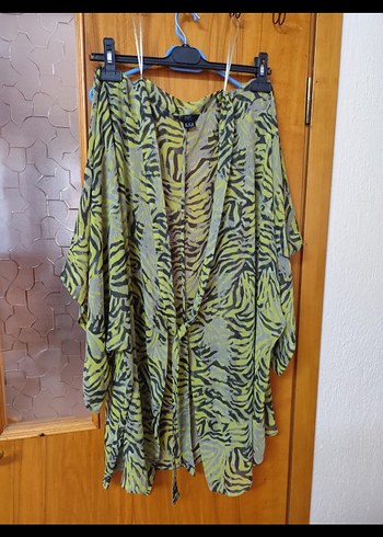Yeşil Gri Desenli Mini Bohem Kimono