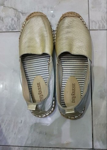 Altın Rengi Gerçek Deri Dore ve Lame Divarese Kadın Espadril