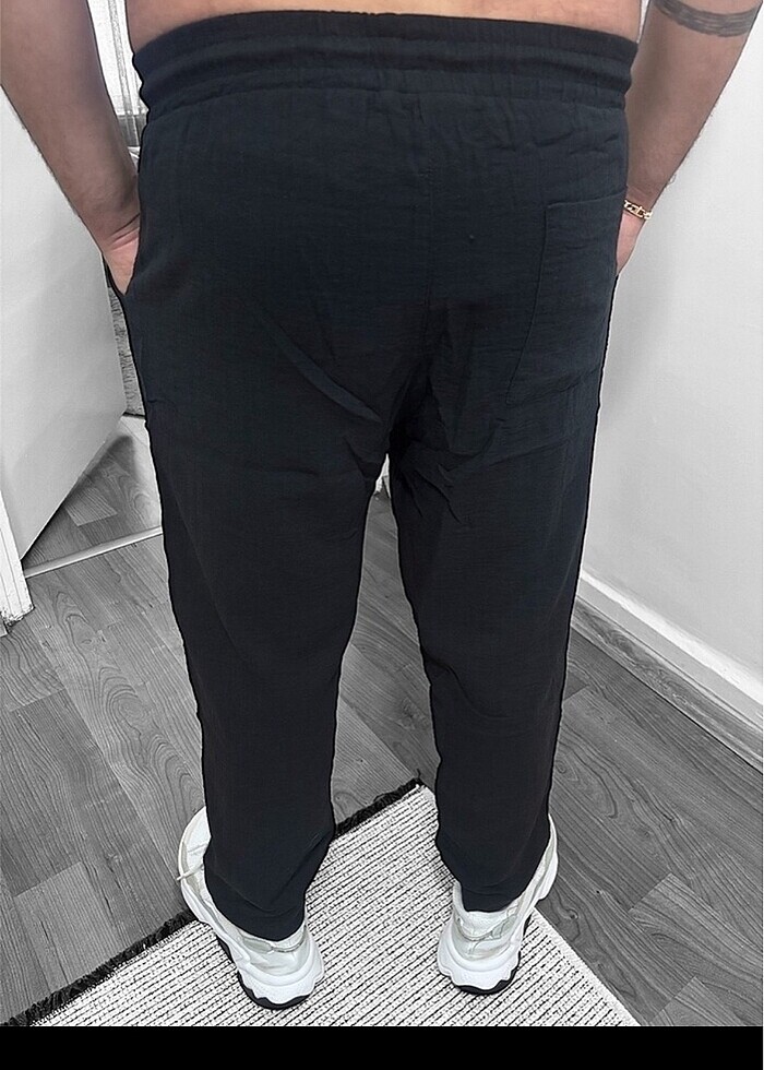 Belden lastikli ve ipli Keten kumas pantalon (unisex) - Görsel 3