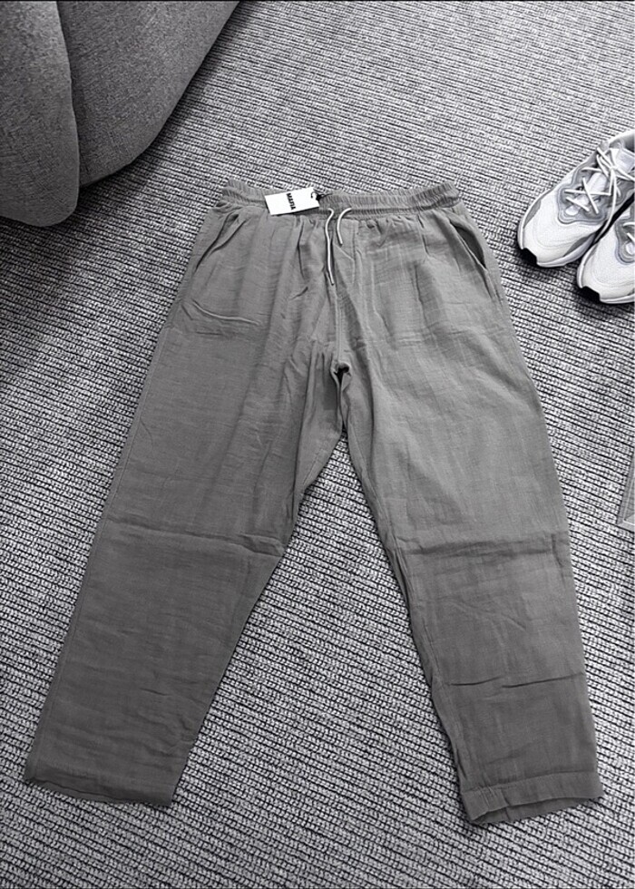 Belden lastikli ve ipli Keten kumas pantalon (unisex) - Görsel 4