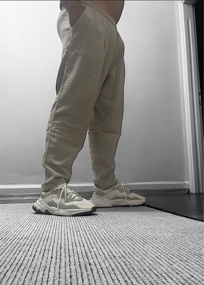 Belden lastikli ve ipli Keten kumas pantalon (unisex) - Görsel 2