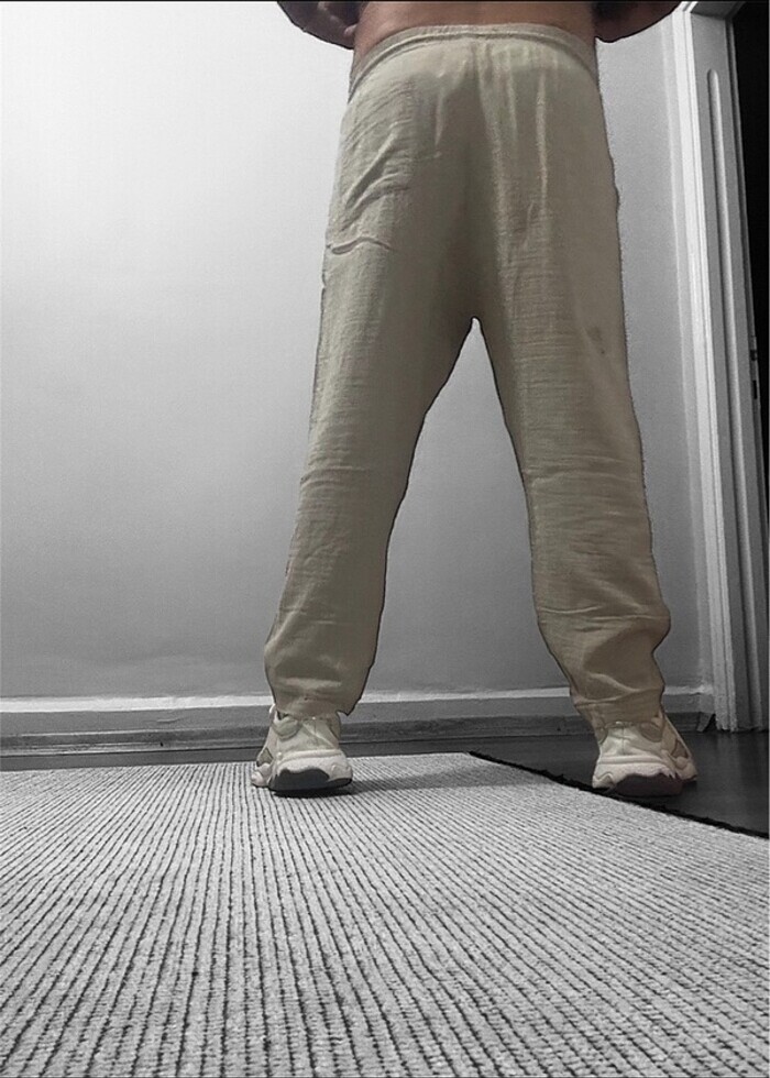 Belden lastikli ve ipli Keten kumas pantalon (unisex) - Görsel 3