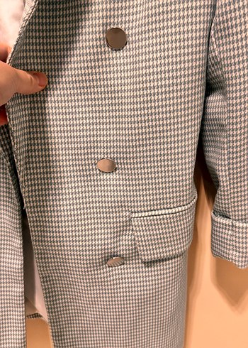 Düğmeli Gri Ekose Kadın Blazer - Görsel 3