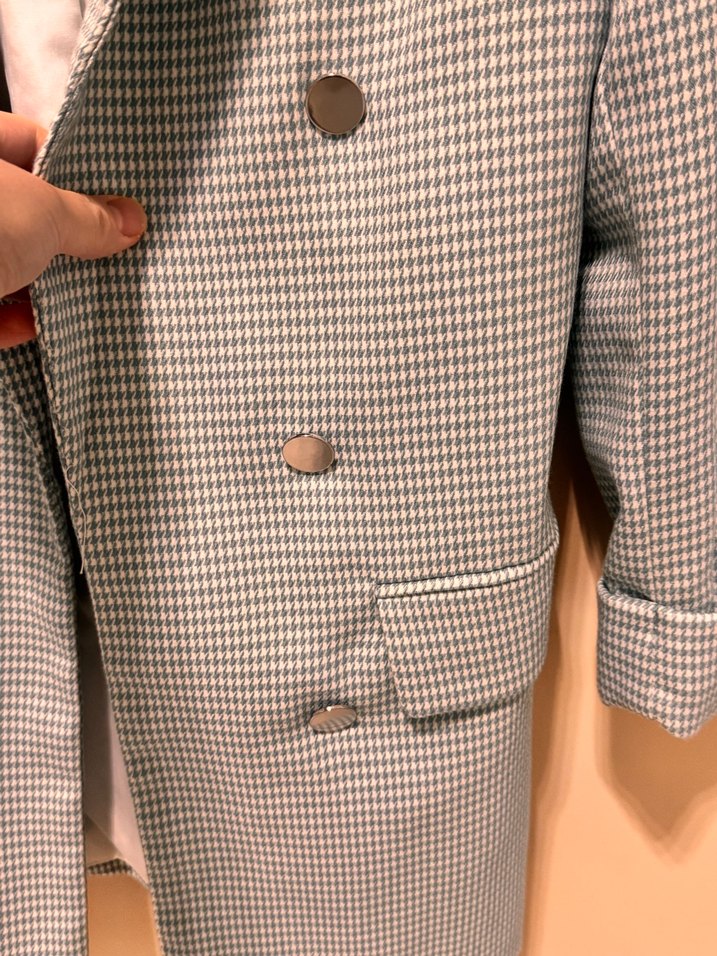 Düğmeli Gri Ekose Kadın Blazer - Görsel 3