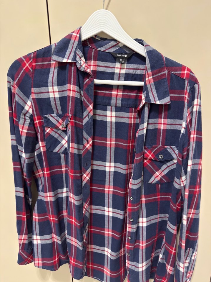 Düğmeli, Uzun Kollu Ekose Kadın Gömlek - Görsel 2