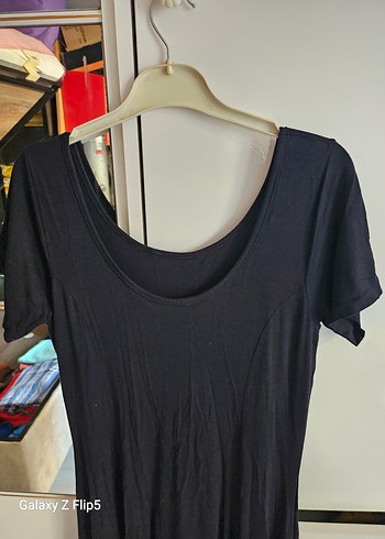 Siyah V Yaka Midi Salaş Elbise - Görsel 4