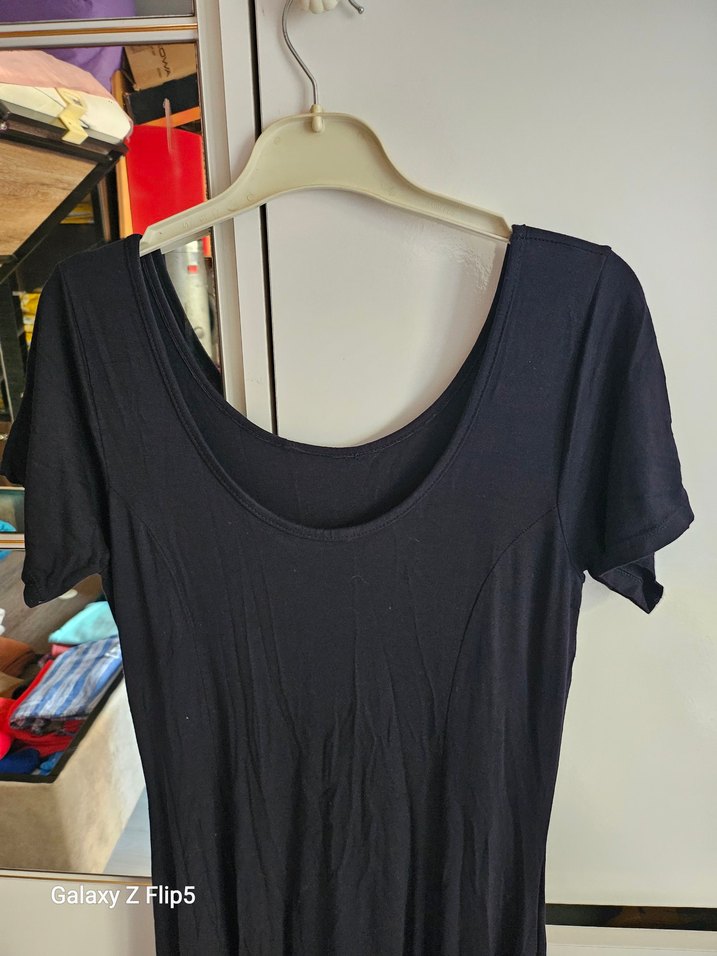 Siyah V Yaka Midi Salaş Elbise - Görsel 4