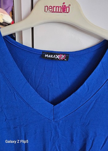 Kadın Mavi V Yaka Basic Tişört - Görsel 2