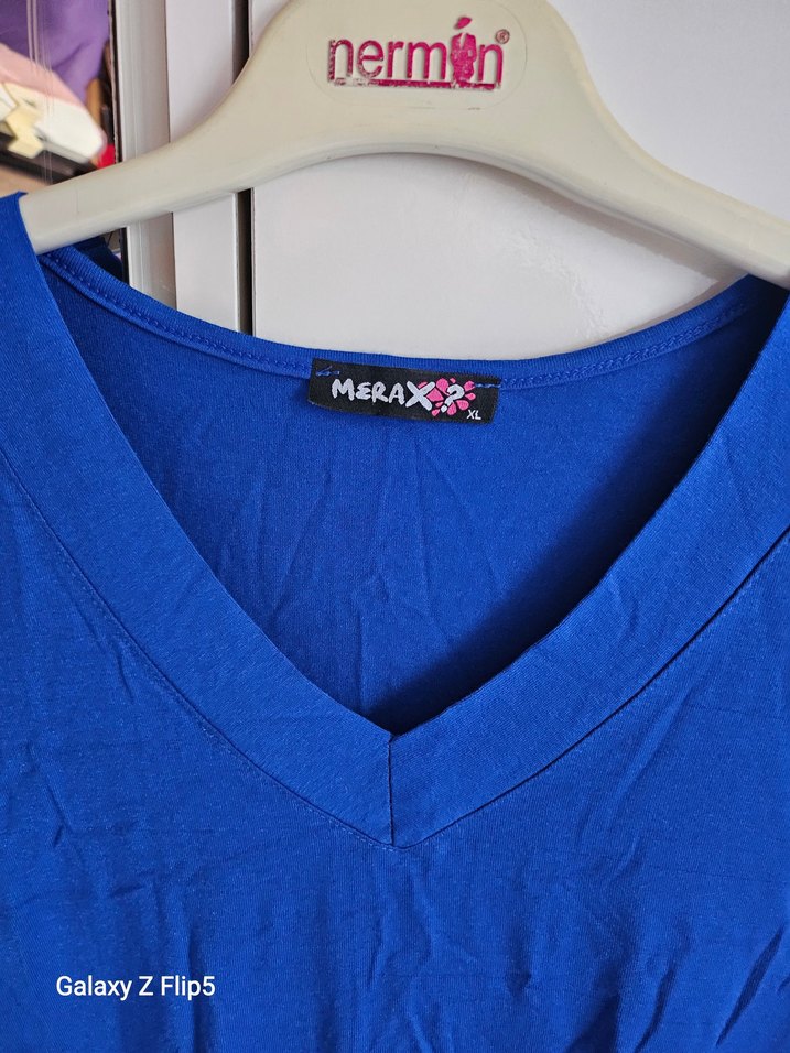 Kadın Mavi V Yaka Basic Tişört - Görsel 2