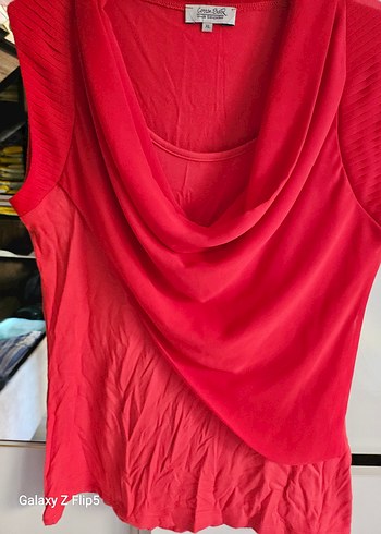 Kısa Kollu Kırmızı Drapeli Keten Bluz - Görsel 2