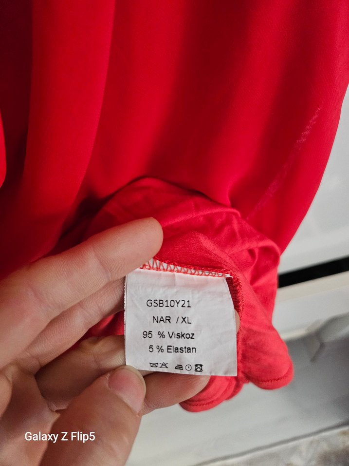 Kısa Kollu Kırmızı Drapeli Keten Bluz - Görsel 4