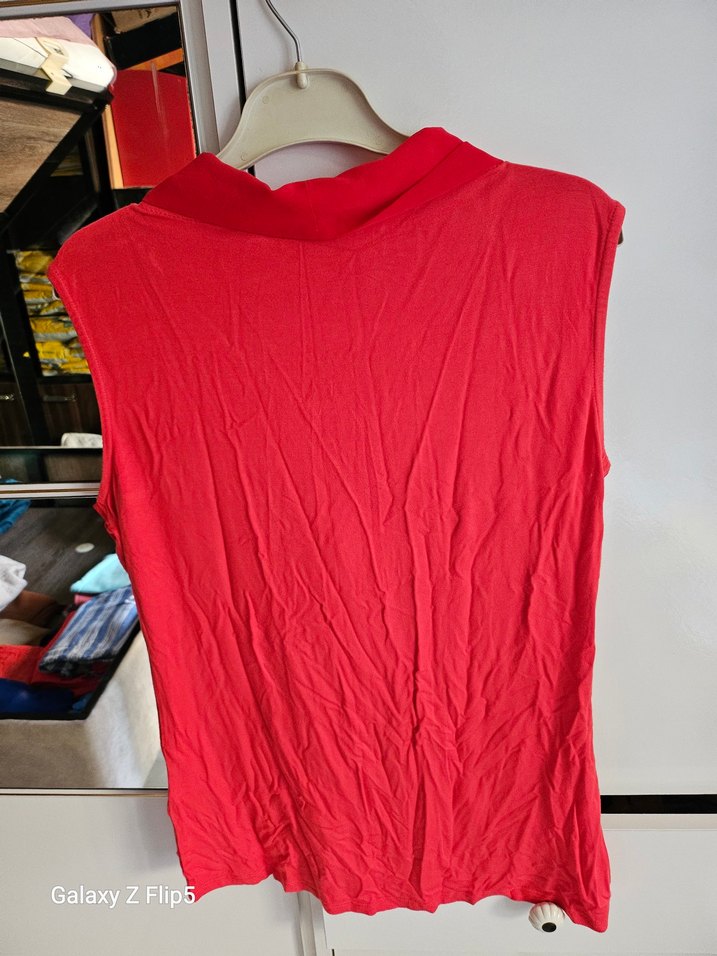 Kısa Kollu Kırmızı Drapeli Keten Bluz - Görsel 5