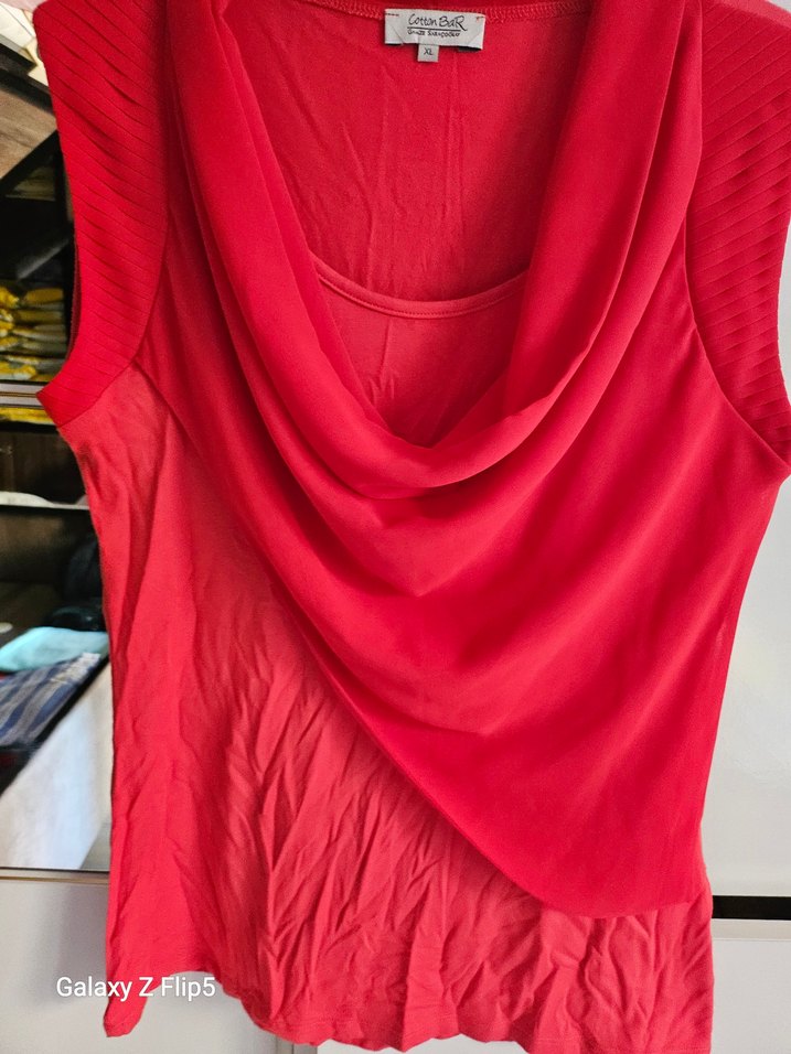 Kısa Kollu Kırmızı Drapeli Keten Bluz - Görsel 2