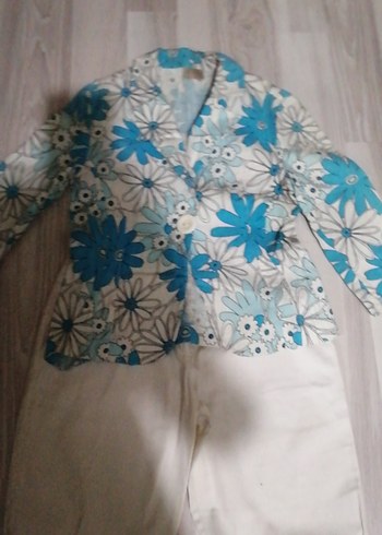 Mavi Çiçek Desenli Düğmeli Kadın Pantolon - Görsel 2