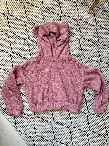 Peluş ayıcık kulaklı crop sweatshirt