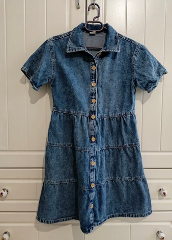 LC Waikiki Düğmeli Kısa Kollu Mavi Denim kız çocuk Elbise