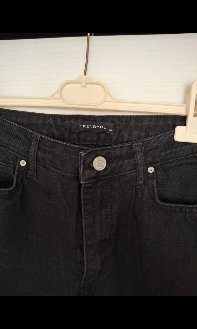 Düğmeli Siyah Denim Kadın Pantolon - Görsel 2