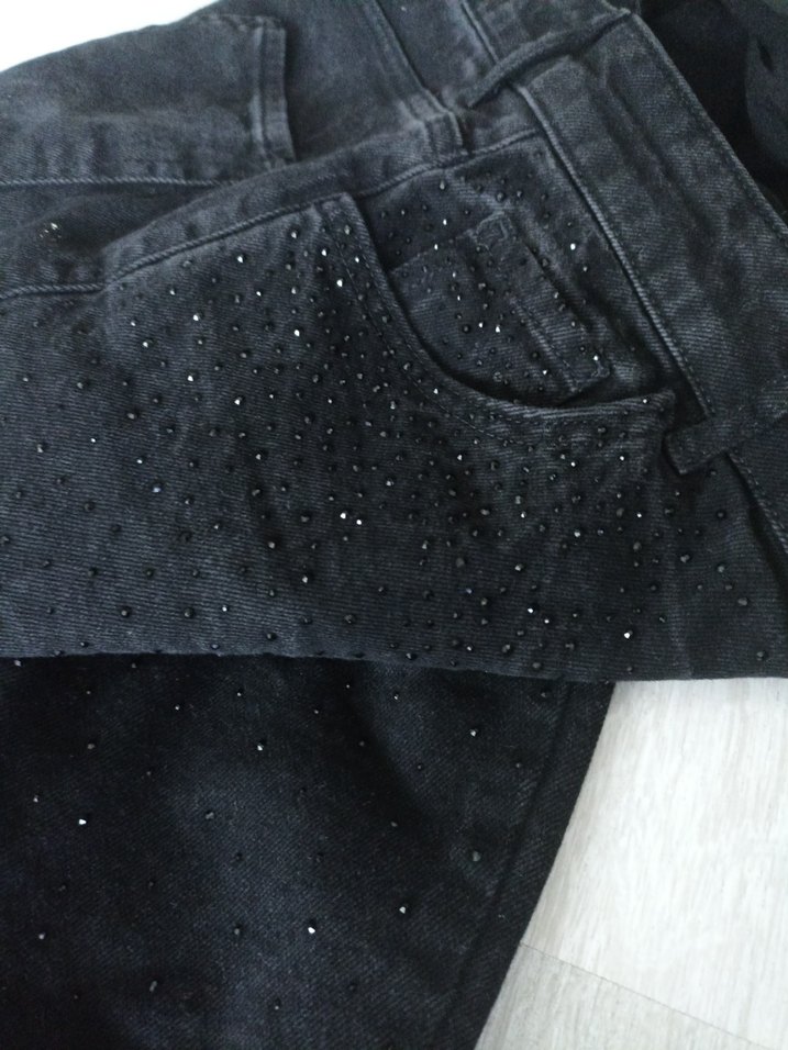 Siyah Payetli pullu uzun  Boy Salaş Kadın Jean - Görsel 5