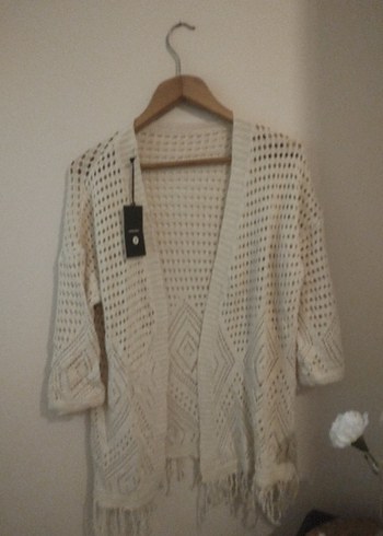 Bohem Midi Örgü Beyaz Hırka - Görsel 2