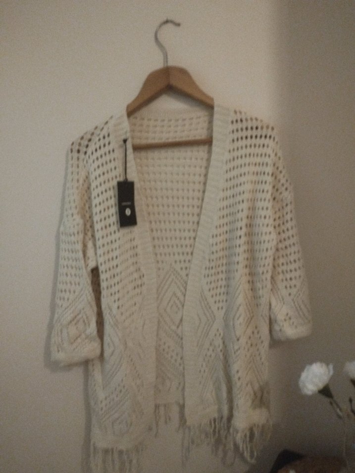 Bohem Midi Örgü Beyaz Hırka - Görsel 2