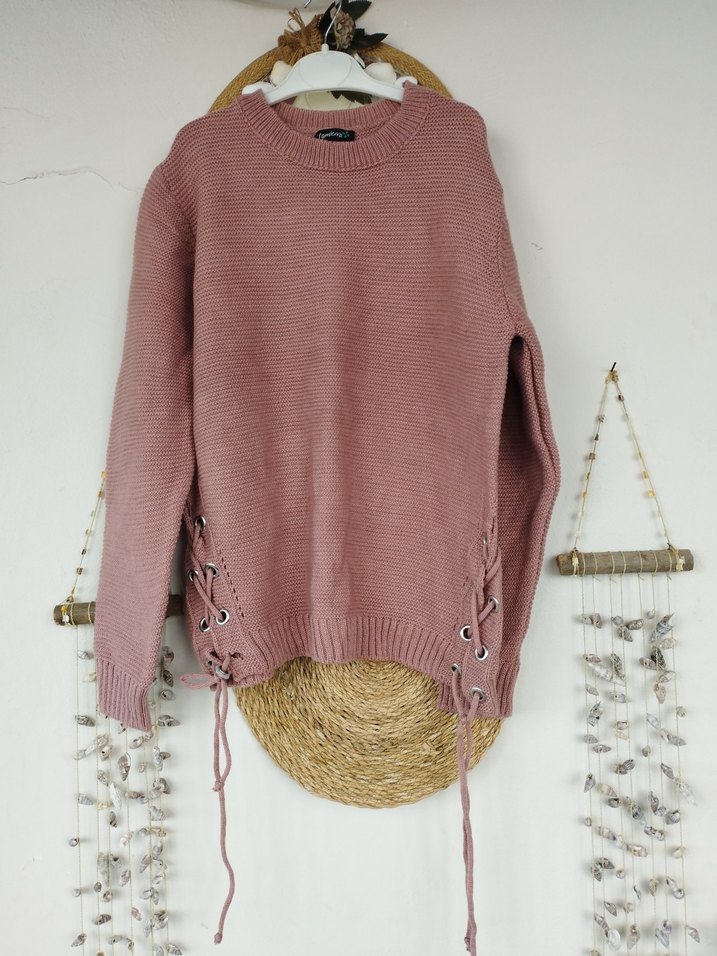 Pembe Örgü Kadın Triko Kazak - Görsel 2