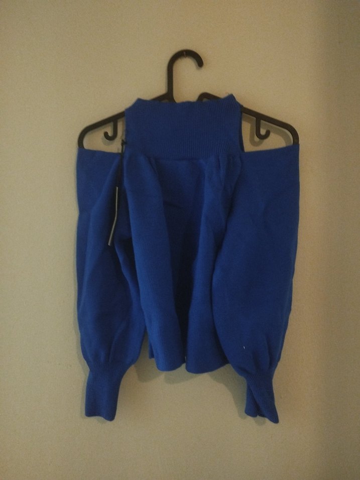 Kadın Mavi Yüksek Yakalı Örgü Kazak - Görsel 2