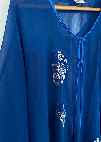 Mavi İşlemeli Uzun Bohem Kadın Sabahlık - Görsel 5