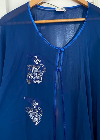 Mavi İşlemeli Uzun Bohem Kadın Sabahlık - Görsel 2