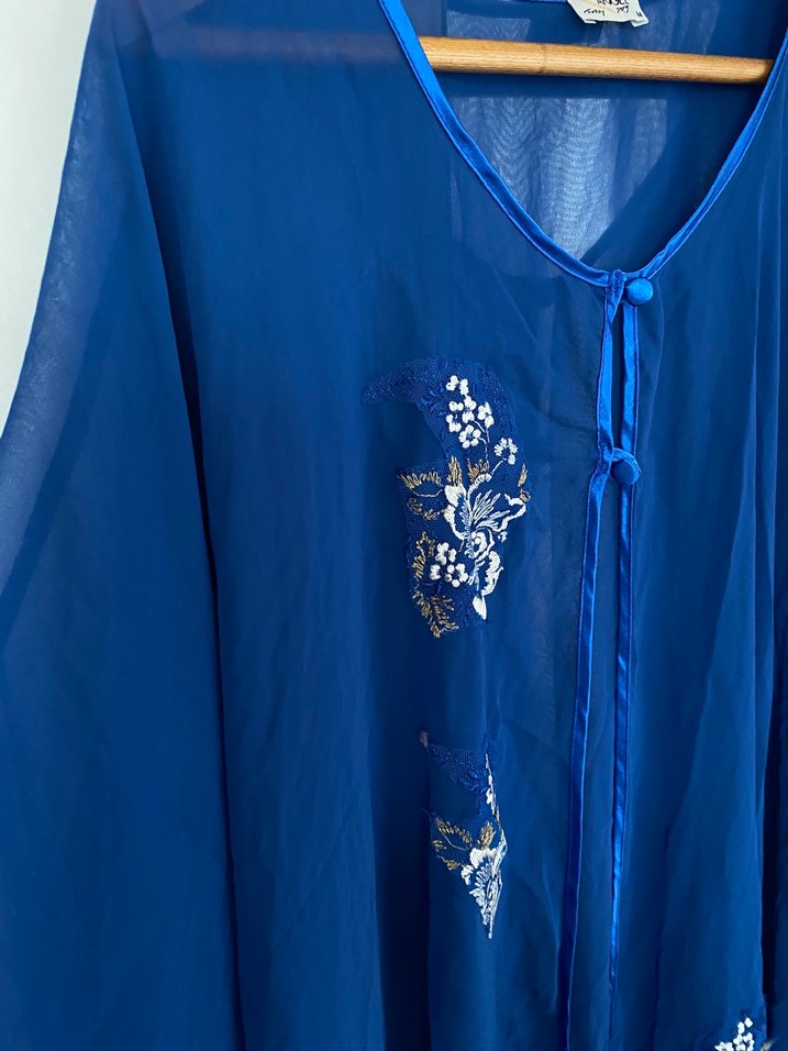 Mavi Nakışlı Uzun Bohem Kadın Sabahlık - Görsel 5