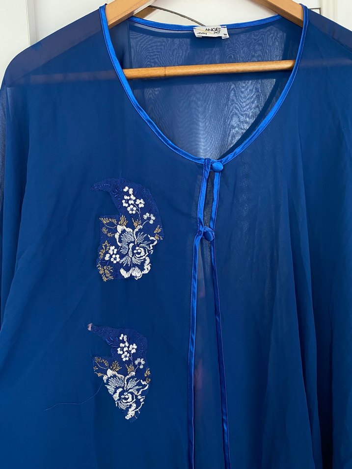 Nakışlı Mavi Uzun Kadın Sabahlık - Görsel 2