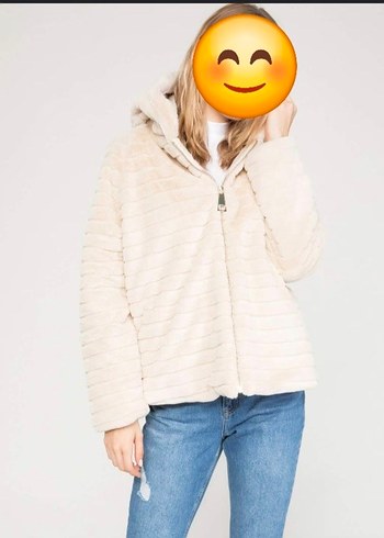 Bej Kadın Peluş Mont, Uzun Kollu, Salaş Kesim - Görsel 2