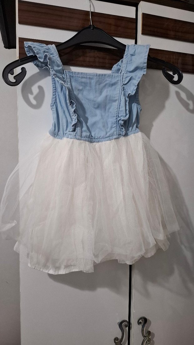 Kız Çocuk Denim Üst Beyaz Tül Etek Elbise - Görsel 2