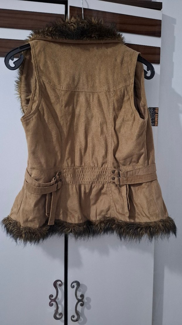 Kürklü Kahverengi Kadın Süet Yelek - Görsel 2