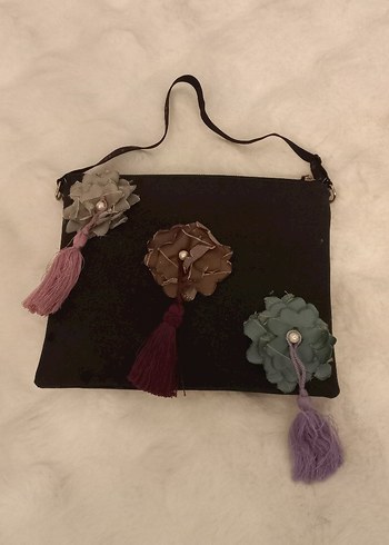 Püsküllü Siyah Süet Çiçekli Bohem Kadın Çanta - Görsel 4