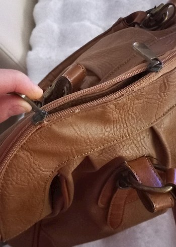 camel renk Deri Tokalı Kadın Çanta vintage - Görsel 7