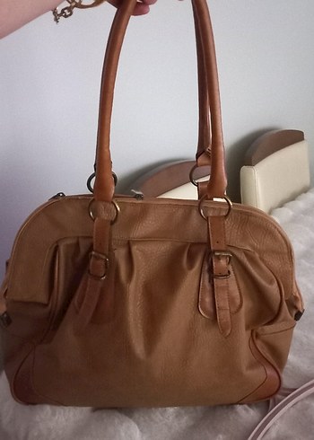 camel renk Deri Tokalı Kadın Çanta vintage - Görsel 6