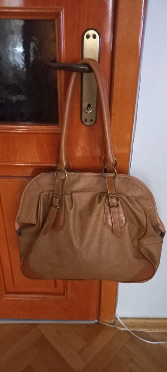 camel renk Deri Tokalı Kadın Çanta vintage - Görsel 5