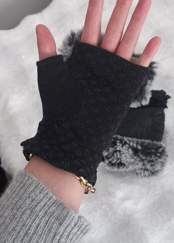 Gri Kürklü Siyah Deri Kadın Eldiven victorian dantel detay - Görsel 5