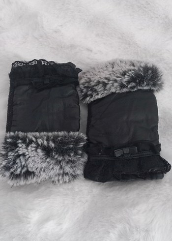 Gri Kürklü Siyah Deri Kadın Eldiven victorian dantel detay - Görsel 3