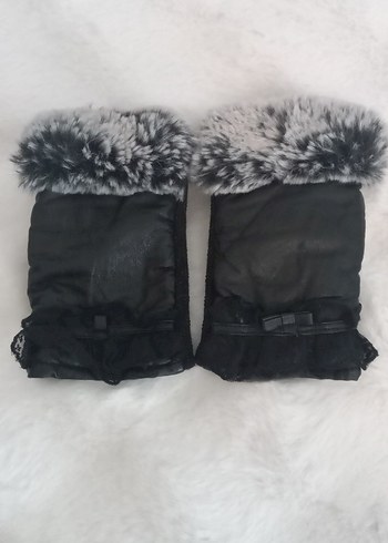 Gri Kürklü Siyah Deri Kadın Eldiven victorian dantel detay - Görsel 6