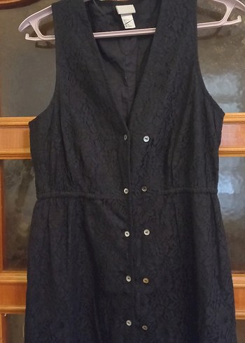 Düğmeli Siyah Midi Kadın Elbise komple dantel - Görsel 6