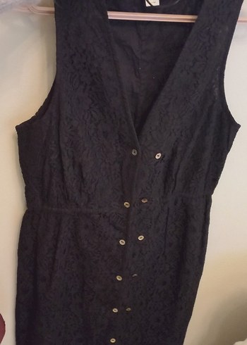 Düğmeli Siyah Midi Kadın Elbise komple dantel - Görsel 2